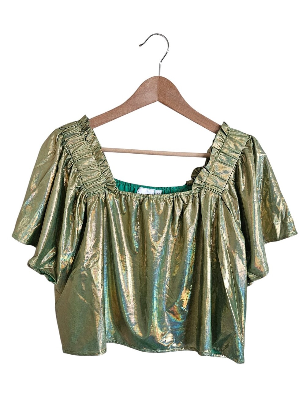 Queen Of Sparkles Lime Holographic Metallic Flutter Top Size M NEW